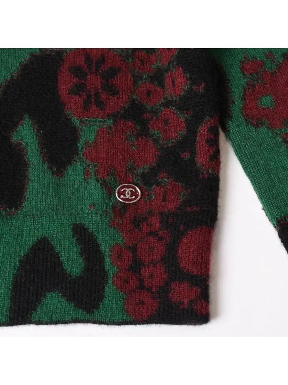 Chanel Knit Sweater CC Logo Leopard Green Cashmere Mohair Wool 4 34